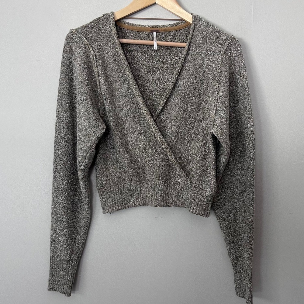 Free People Sweater Womens Small Brown Metallic Faux Wrap Cropped V Neck Party